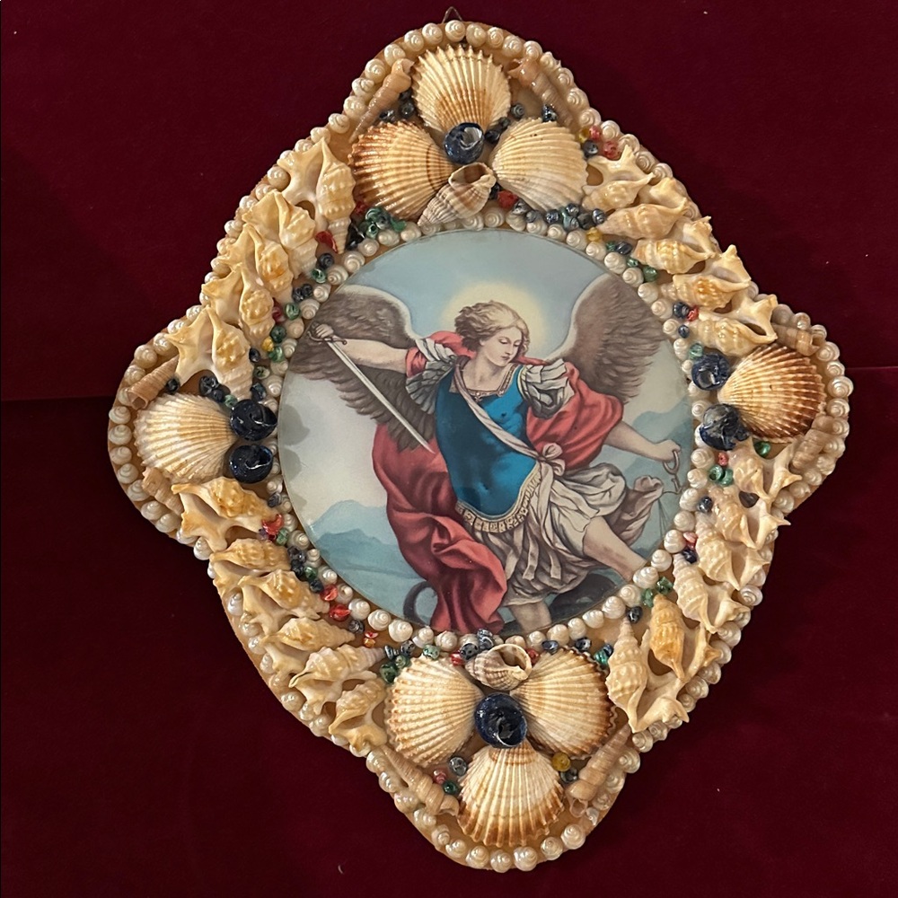 Vintage St. Michael Archangel Shell Art Plaque – Handmade Glass dome